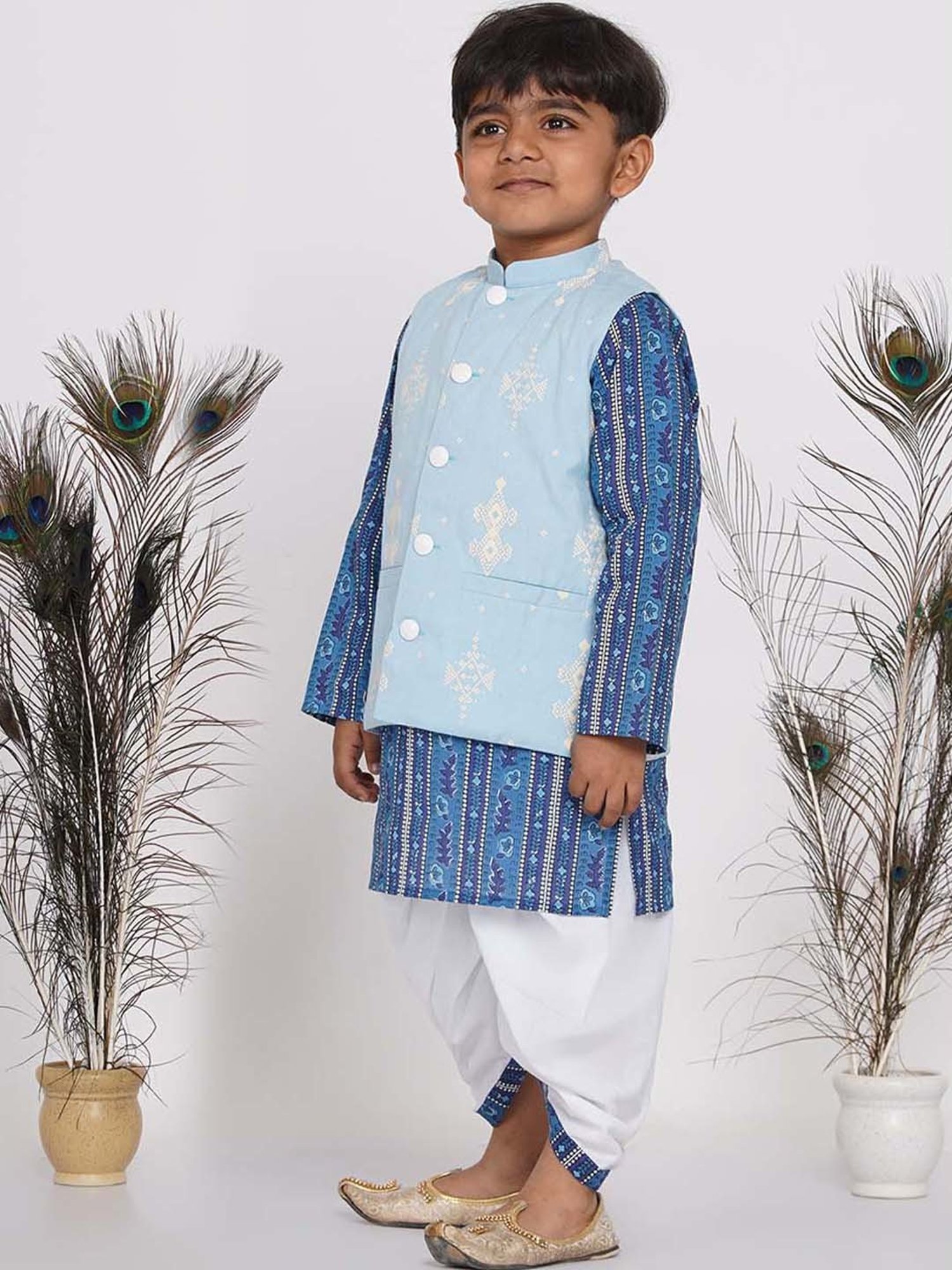 Little Bansi Kids Blue & White Cotton Printed Kurta Set