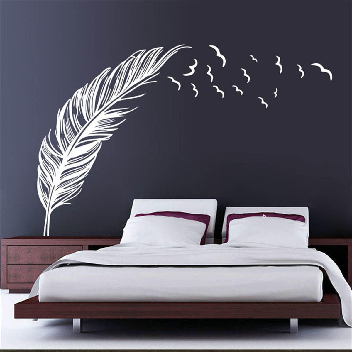 DIY Modern Plume Feather Wall Sticker Birds Flying Feather Removable Wall Sticker Vinyl Mural Painting  for Home Living Room Grey