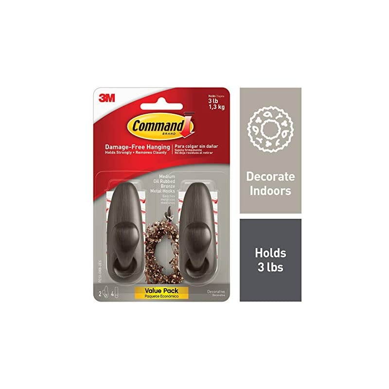 Medium Forever Classic Metal Hook, Oil Rubbed Bronze, 2-Hooks, 4-Strips, Decorate Damage-Free