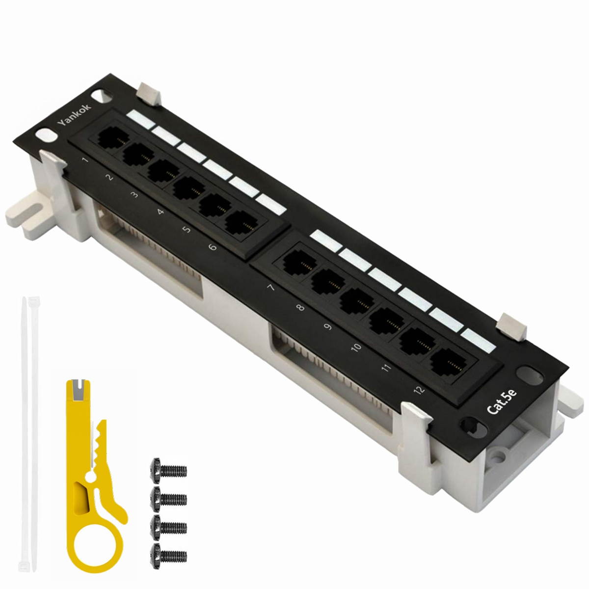Yankok [CAT5/5e 12 Port Patch Panel] Unshielded with Coded T568A/B Wiring for RJ45 Network Cables Rack / Wall Mount 10in.x1U (Come with Bracket and Basic Termination Tools)