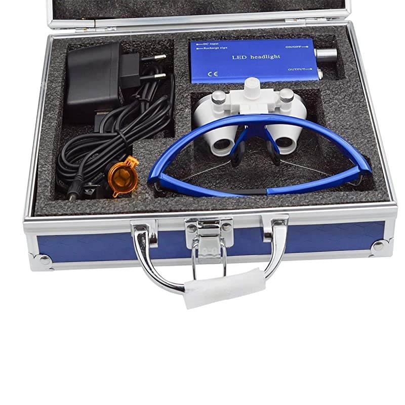 3W LED Clipon Headlight with Filter 35x420mm Medical Binocular Loupes Blue Aluminum Box