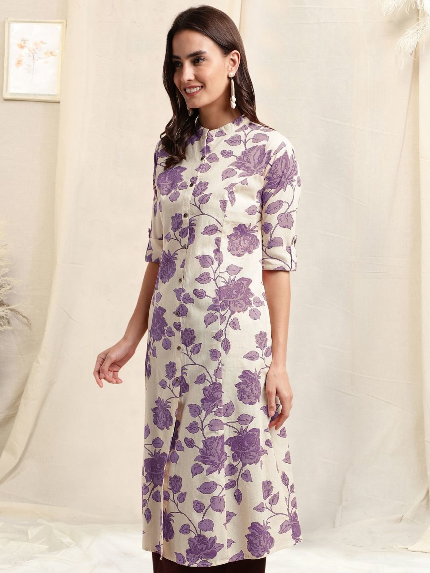 MIRCHI FASHION Beige Cotton Floral Print Straight Kurta