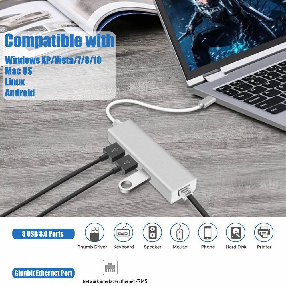 4 in 1 USB C HUB with Gigabit RJ45 3 x USB 3.0 HUB, Type-C Transfer Cable 3 USB3.0 Ports HUB 1000Mbps Free Drive Network Card, Type-C to 1000M LAN 3 x USB 3.0 Dongle.