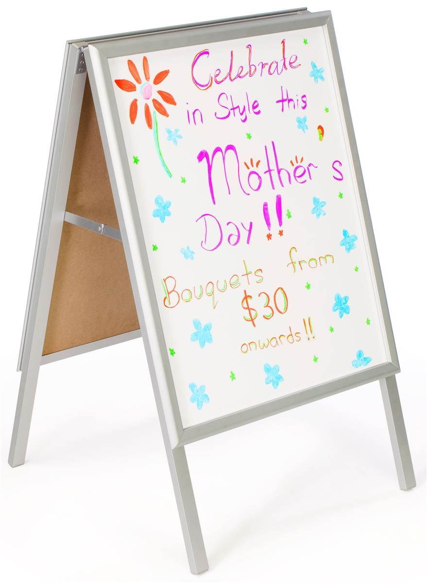 Marker Board 23-3/4&rdquo;w x 39-1/2&rdquo;h x 25&rdquo;d Silver Brushed Aluminum A-Frame Sign with (2) 21-1/2&rdquo;w x 27-1/2&rdquo;h Whiteboards &ndash; Chalkboard Sidewalk Sign Comes with Magic Eraser (ABLWT2SES)