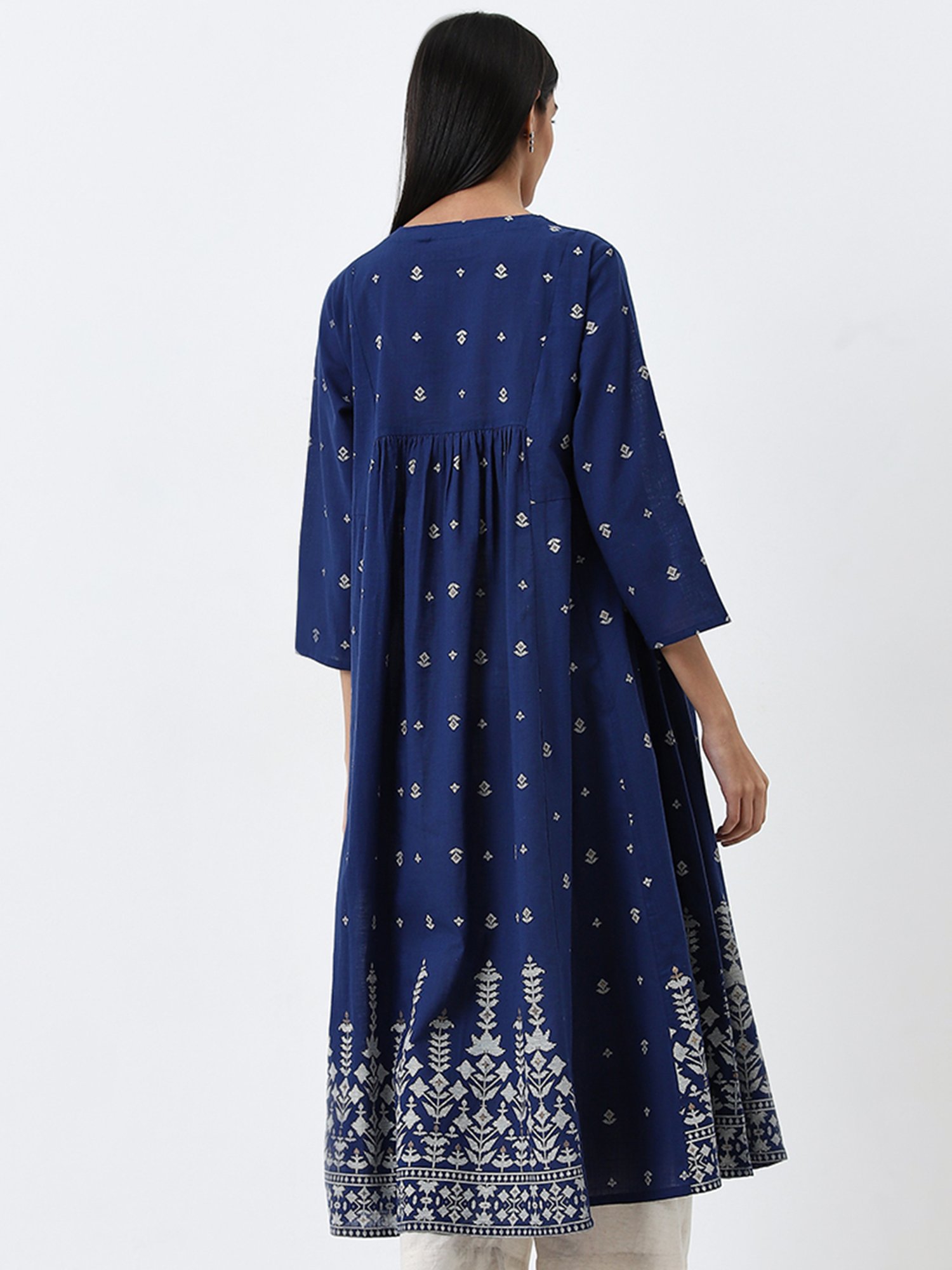 Utsa by Westside Dark Blue Printed Fit-and-Flare Cotton Kurta