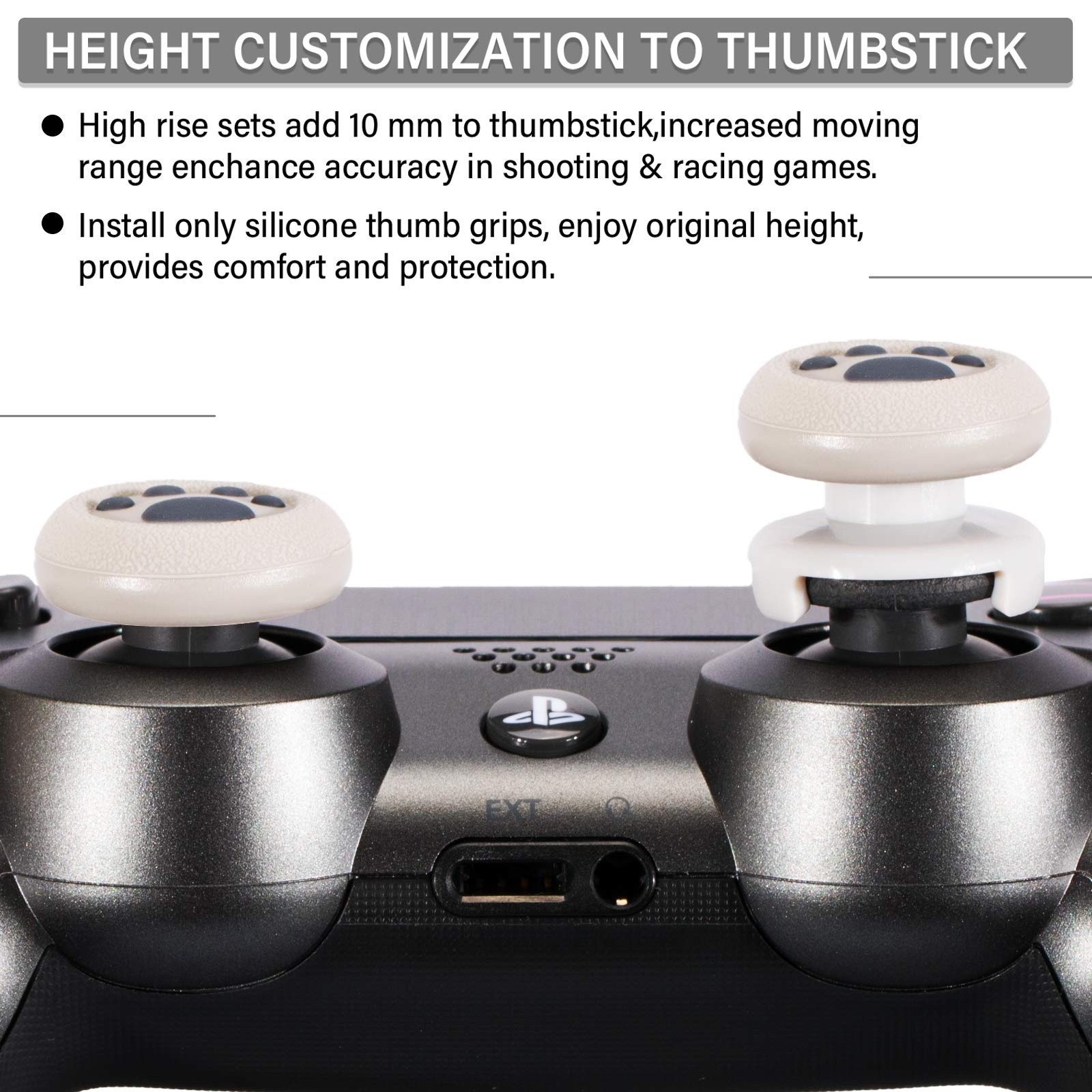 FPS Thumbstick Extender & 3D Texture Rubber Silicone Grip Cover 2 Sets for PS5 Dualsenese & PS4 Controller (Cat Paw Grey)
