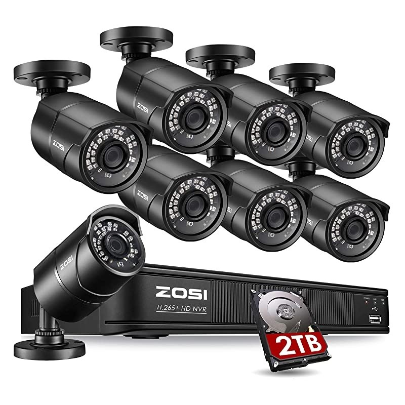 1080p PoE Home Security Camera System Outdoor Indoor,8CH 5MP H.265+ PoE NVR Recorder with 2TB Hard Drive and (8) 1080p Surveillance Bullet PoE Network Cameras with 120ft Long Night Vision