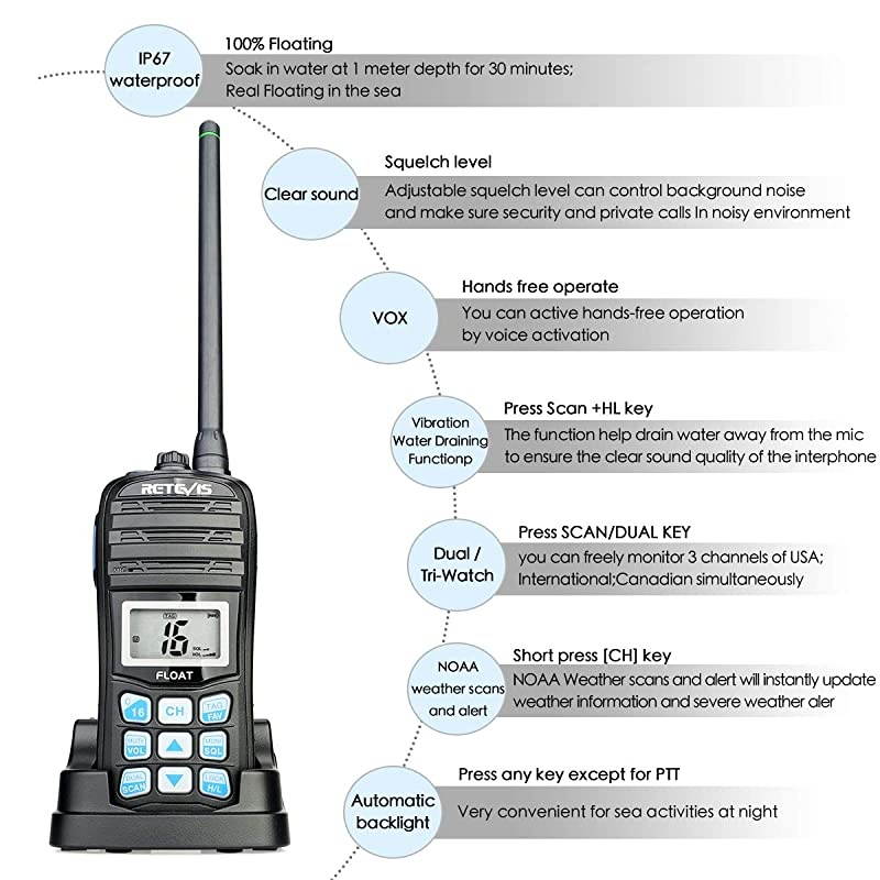 RT55 Marine Radio Handheld Long Range Floating Walkie Talkie Waterproof IP67NOAA Weather Alert Vibration Water Draining VHF Radio 1 Pack