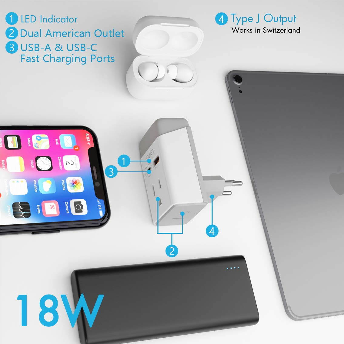 Switzerland Travel Adapter | Type J - USB-A & USB-C Ports + 2 USA Outlet (AP-11A)