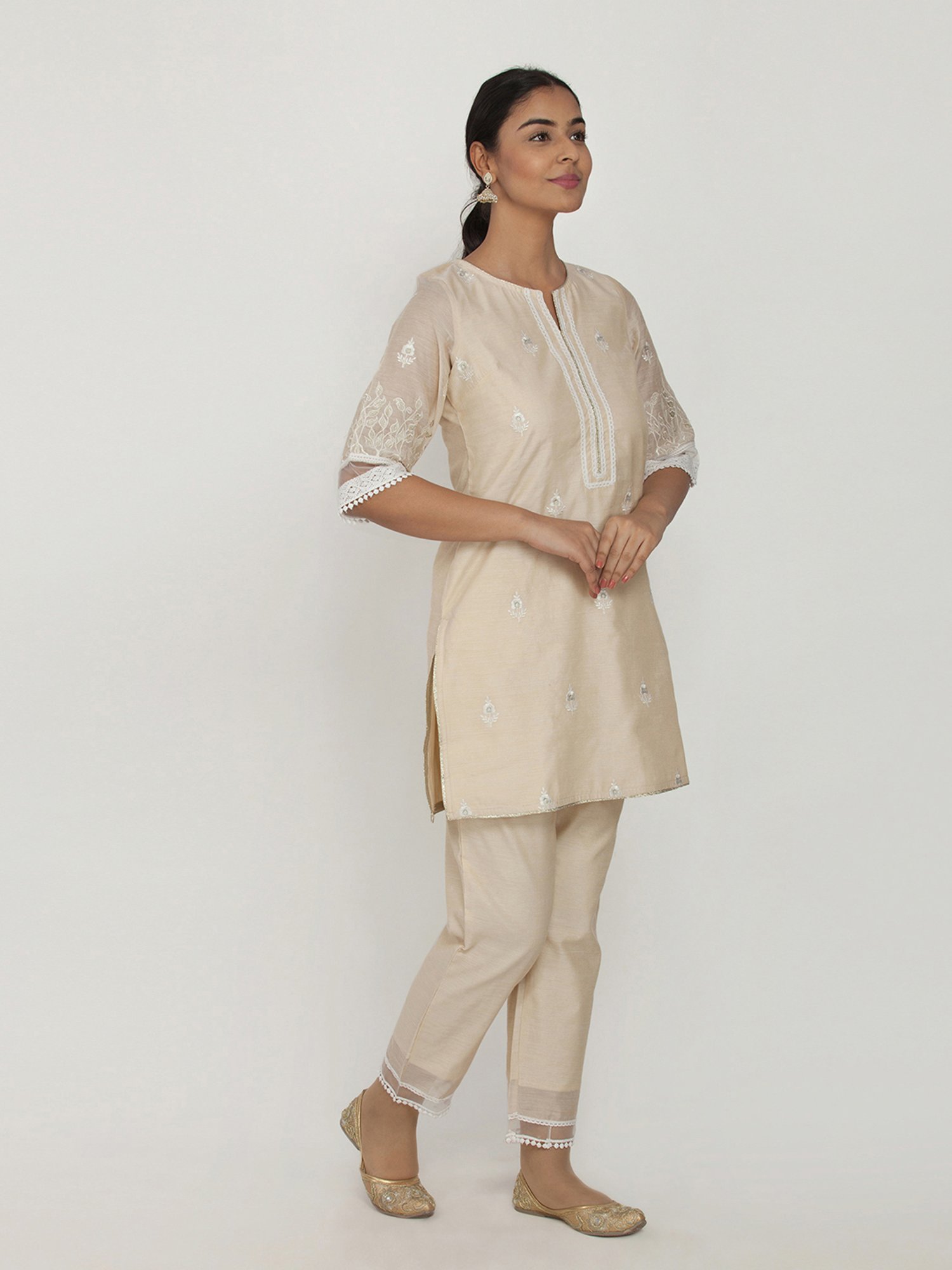 Paislei Beige Embroidered Kurta Pant Set