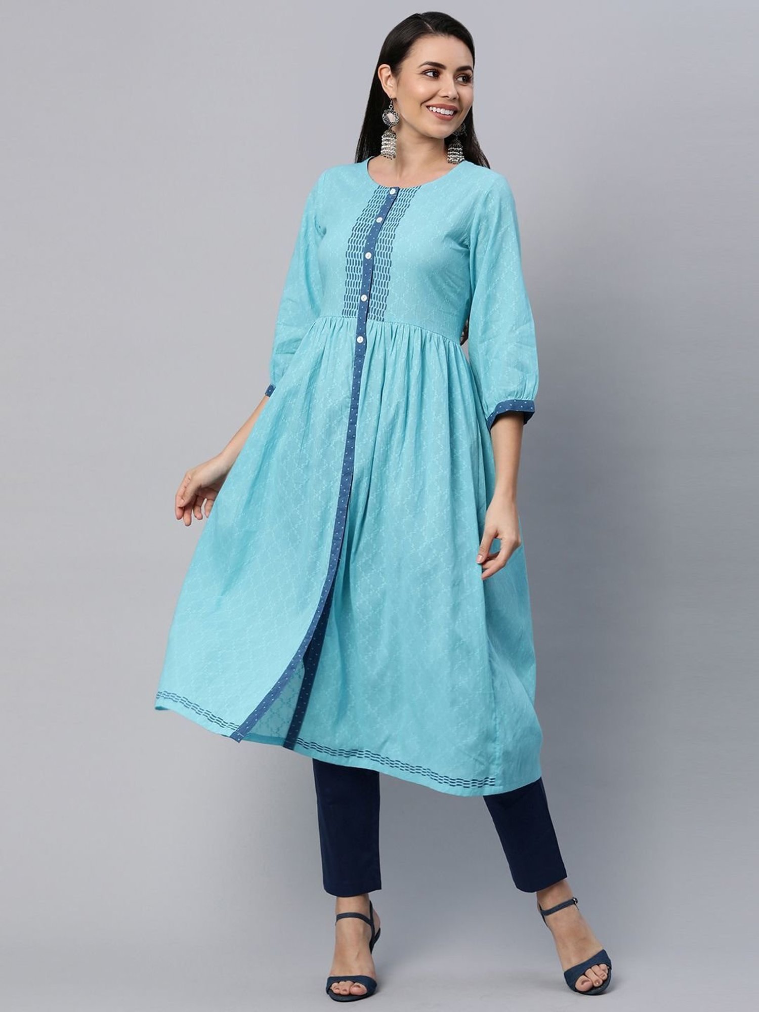 Kami Kubi Blue Cotton Woven Pattern A Line Kurta