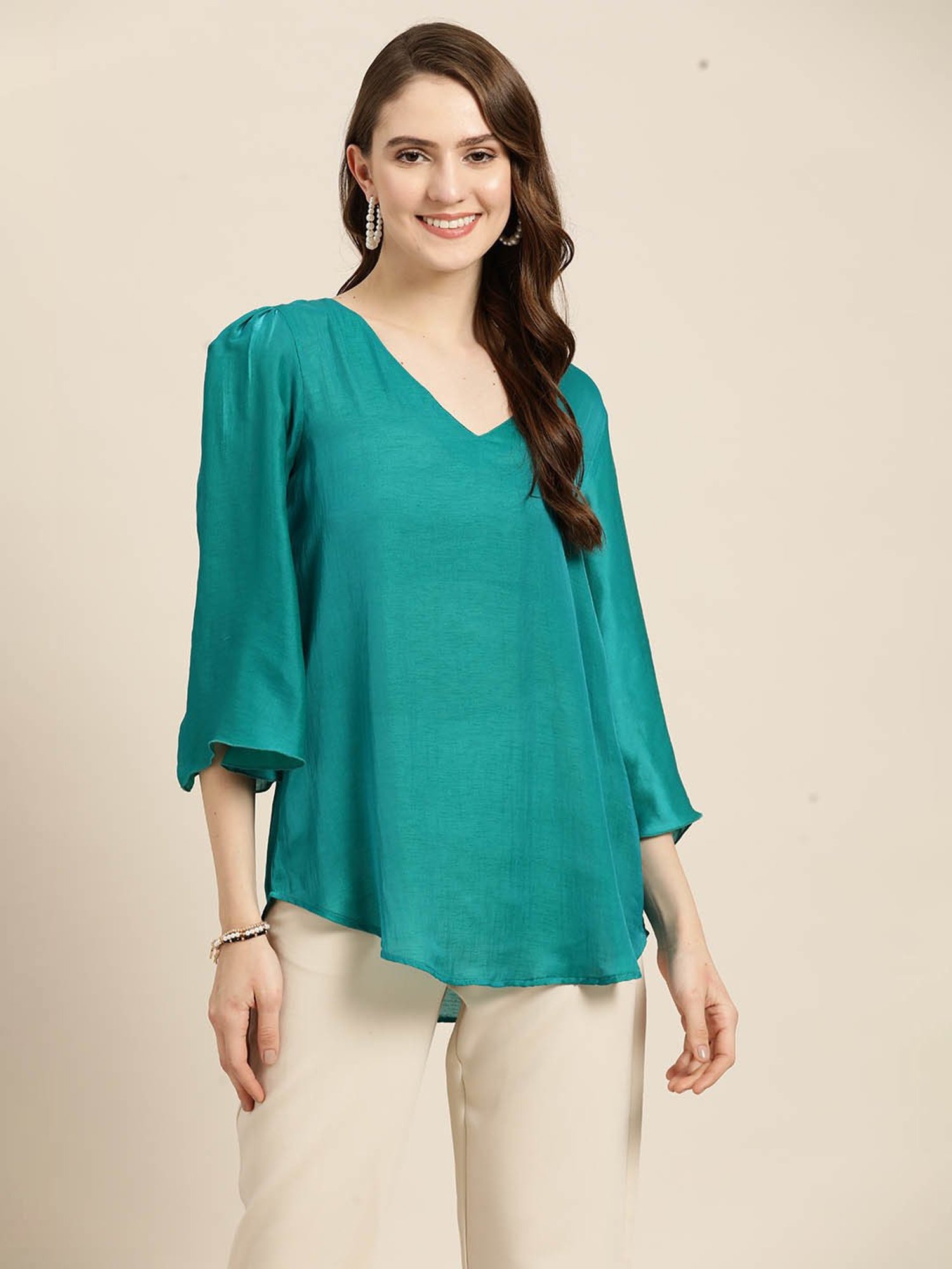 Qurvii Turquoise Silk Regular Fit Top
