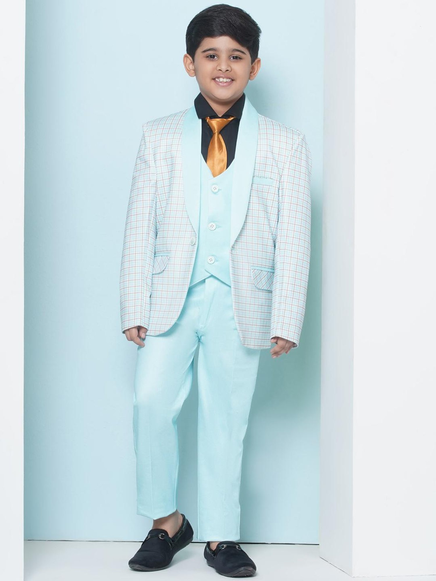 AJ Dezines Kids Sky Blue Checks Full Sleeves Shirt, Pants, Coat, Waistcoat with Tie