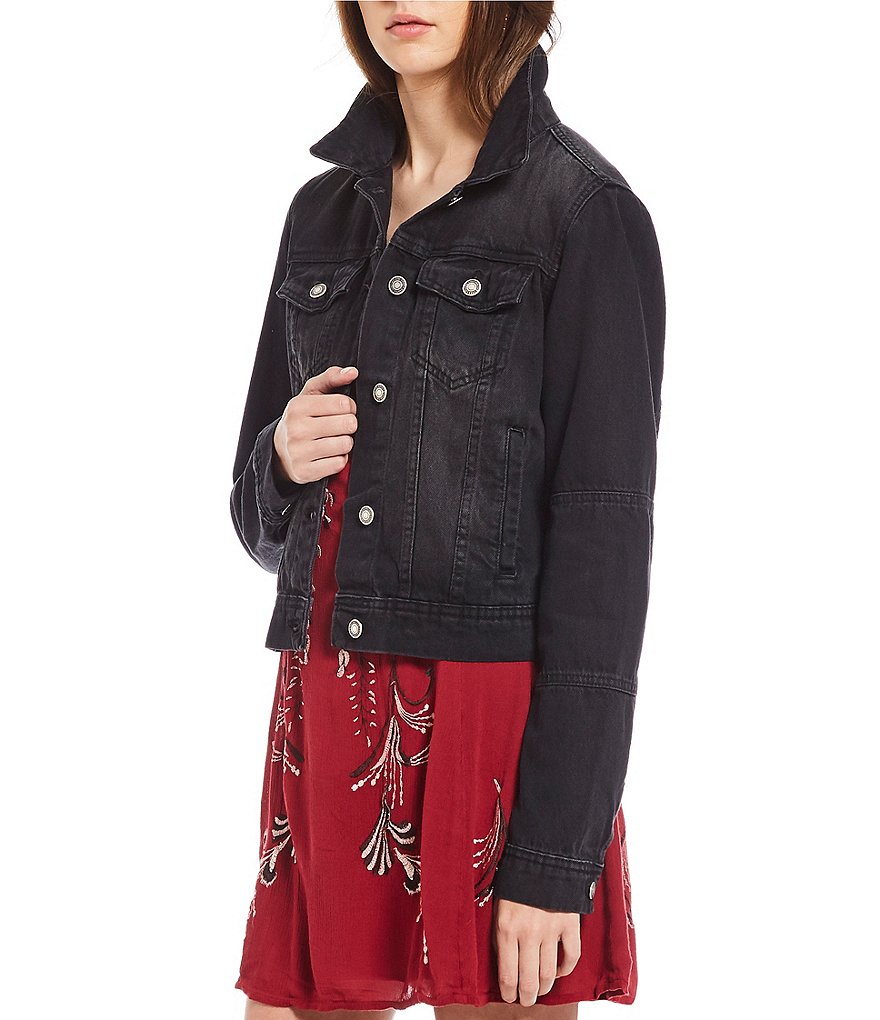 Free People Rumors Point Collar Long Sleeve Cuffed Denim Jacket