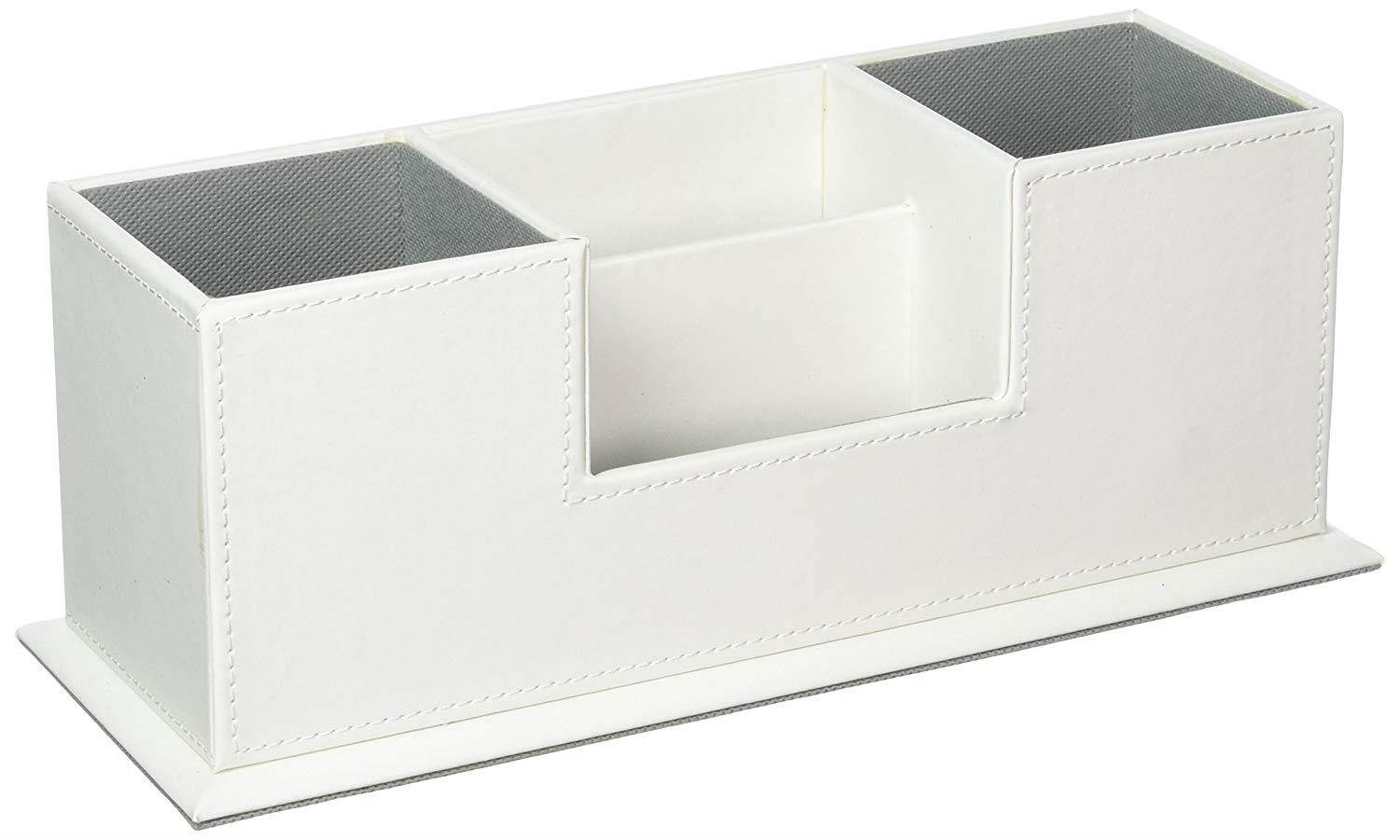 UnionBasic PU Leather 4 Compartment Desk Organizer Card/Pen/Pencil/Mobile Phone Office Supplies Holder Collection Desktop Organizer (White)