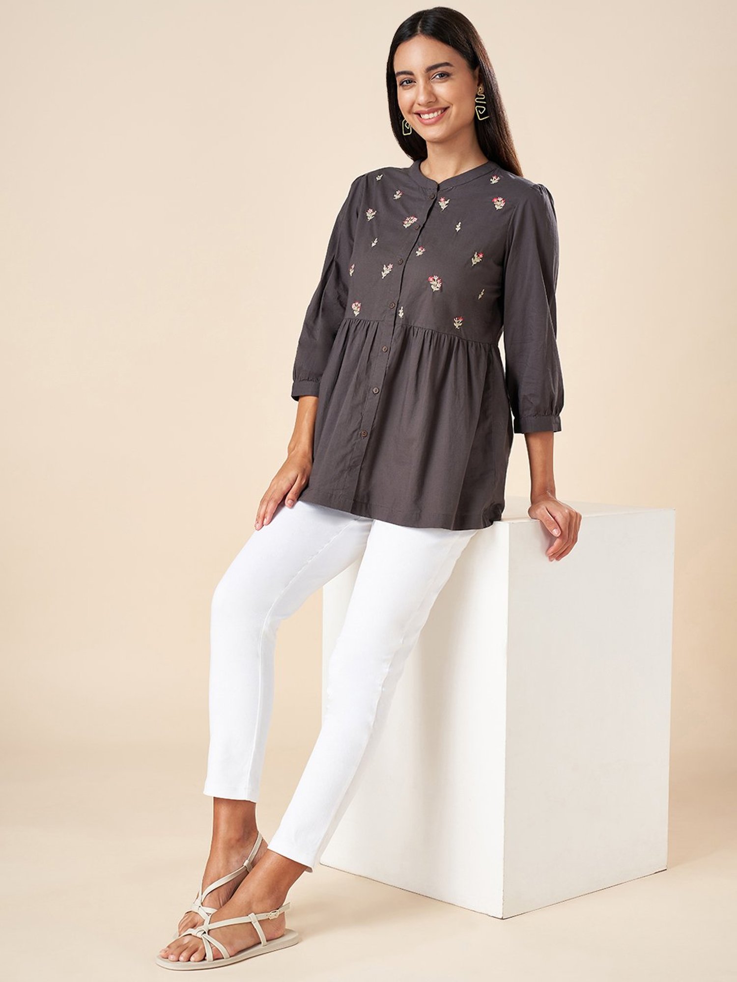 Akkriti by Pantaloons Charcoal Grey Cotton Embroidered Tunic