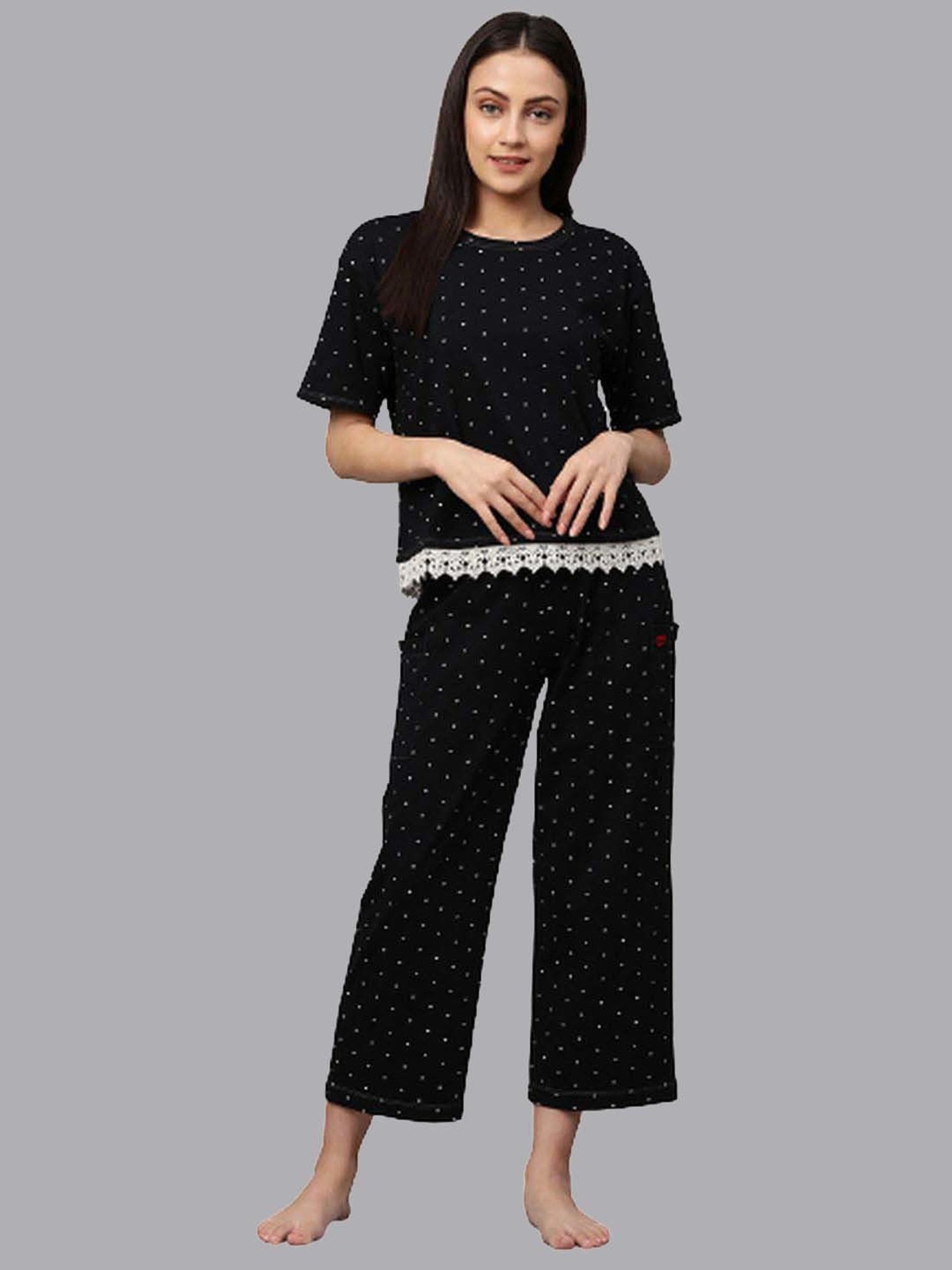 Chemistry Black Cotton Printed T-Shirts Pyjama Set