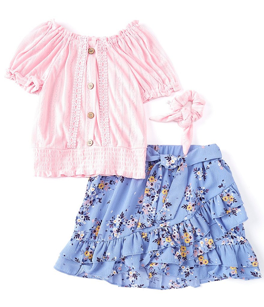 Ally B Big Girls 7-16 Puff-Sleeve Peasant Top & Ditsy Floral Skort Set
