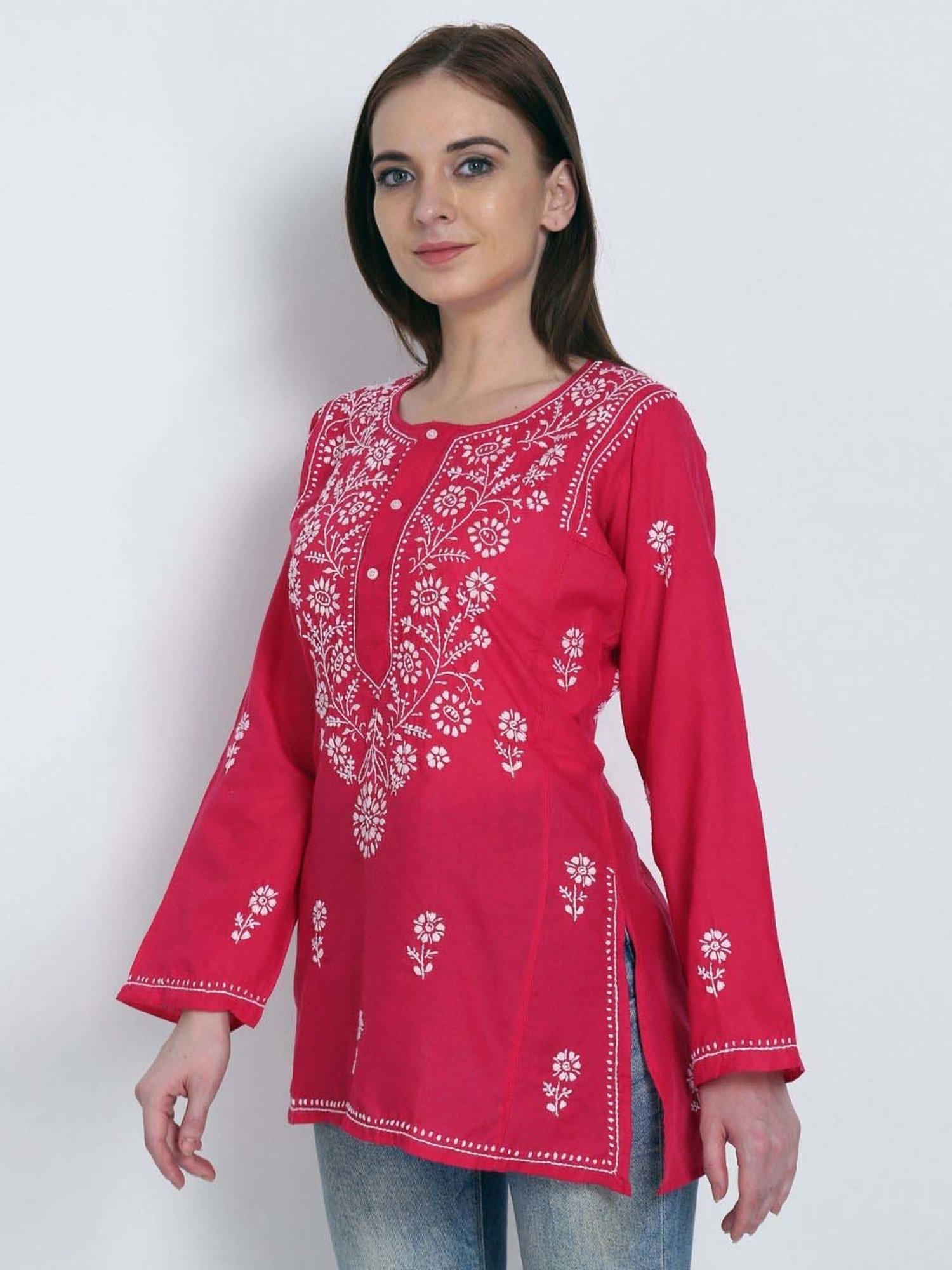 PARAMOUNT CHIKAN Magenta Cotton Chikankari Straight Kurti