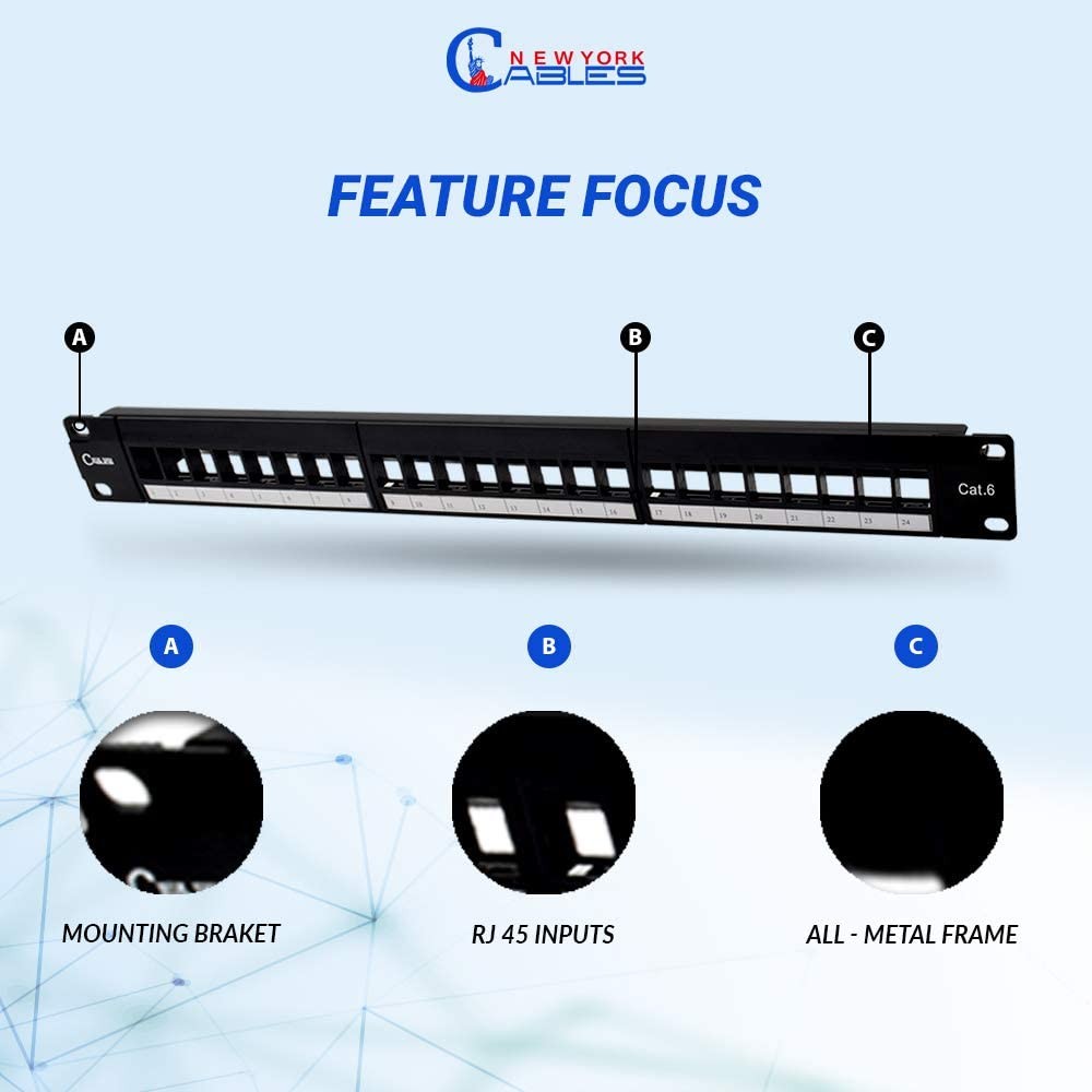 NewyorkCables Keystone Patch Panel 24 Port 1U Rackmount or Wall Mount UTP Unloaded Patch Panel Blank for Ethernet Cables - Multimedia Patch Panel