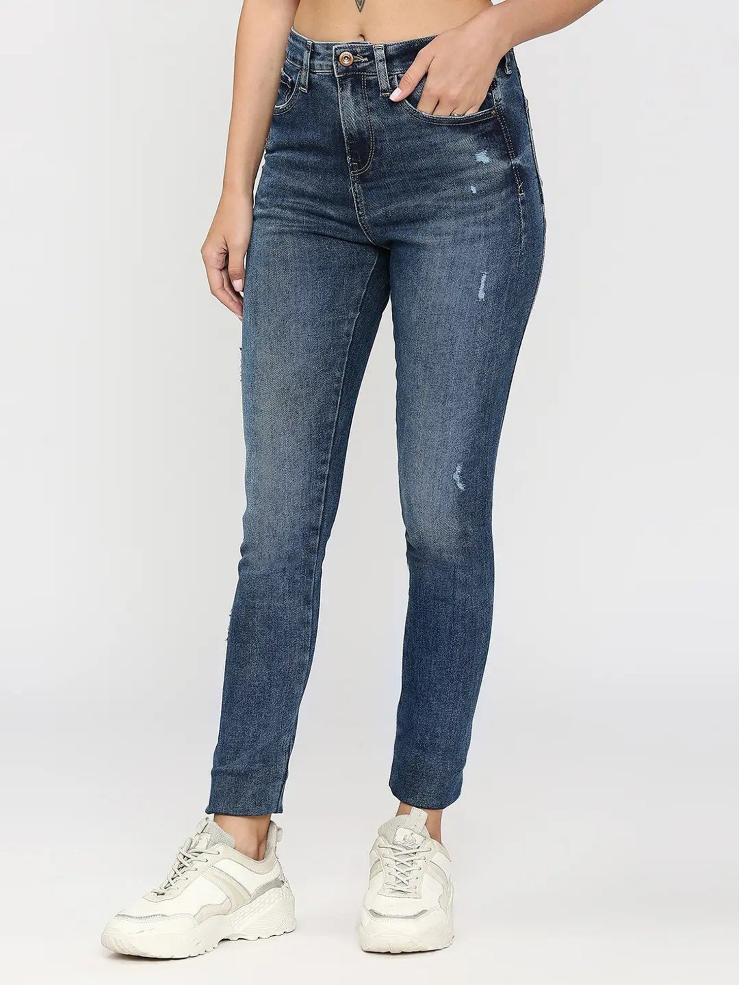 Spykar Blue Cotton Distressed Mid Rise Jeans