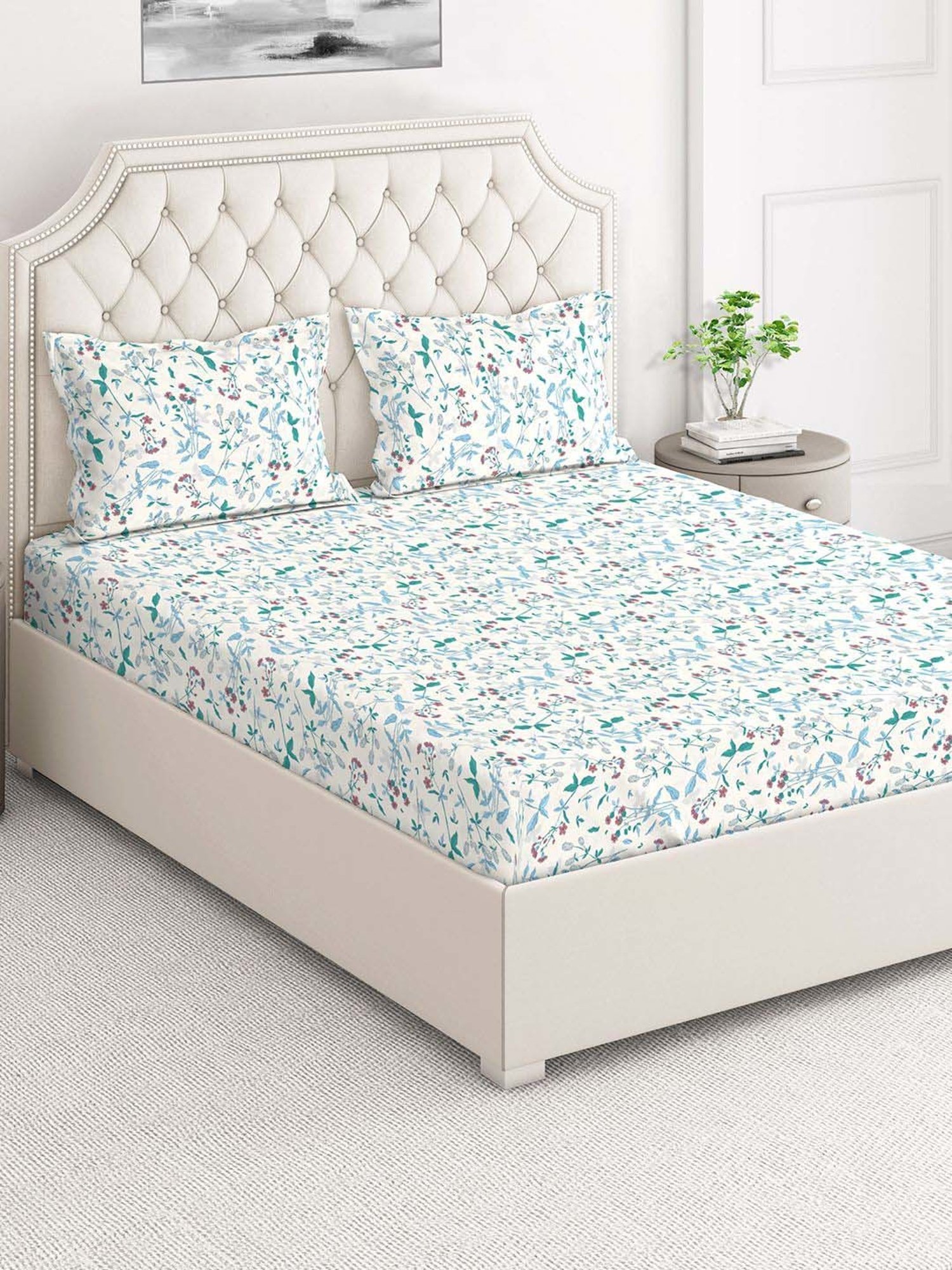 Layers Firenze Blue Cotton 140 TC Double Size Bed Sheet with Pillow Cover