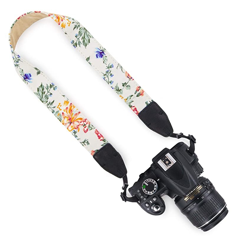 Pattern Cotton Camera Neck Shoulder Strap Belt Compatible with All DSLR/SLR/Men/Women etc, White Flower