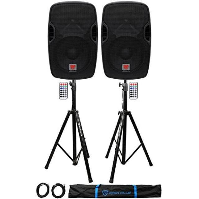 2) Rockville BPA12 12" Powered 600W DJ PA Speakers w Bluetooth+Stands+Cables+Bag