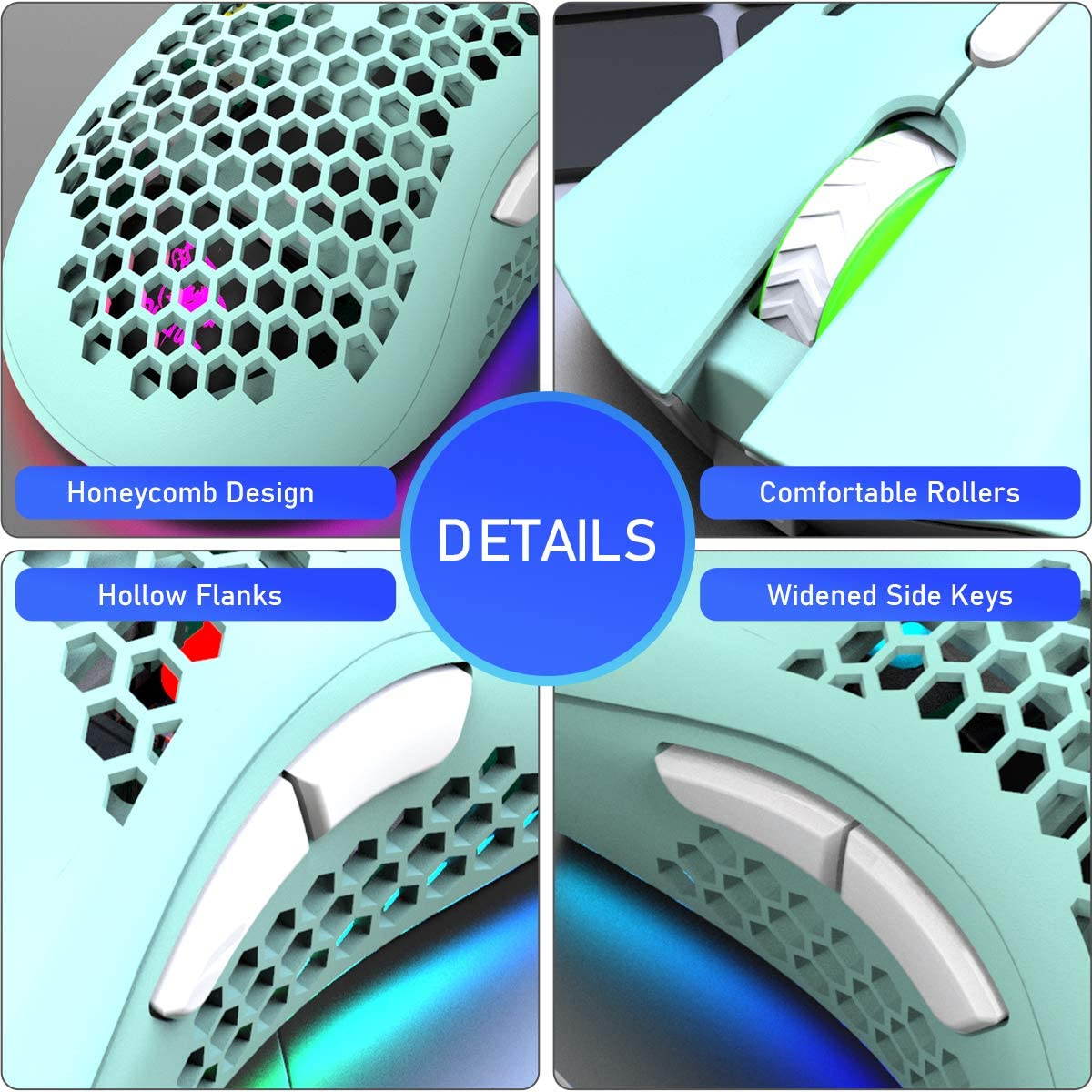 Wireless Lightweight Gaming Mouse Honeycomb with 7 Button Multi RGB Backlit Perforated Ergonomic Shell Optical Sensor Adjustable DPI Rechargeable 800 mAh Battery USB Receiver for PC Mac Gamer