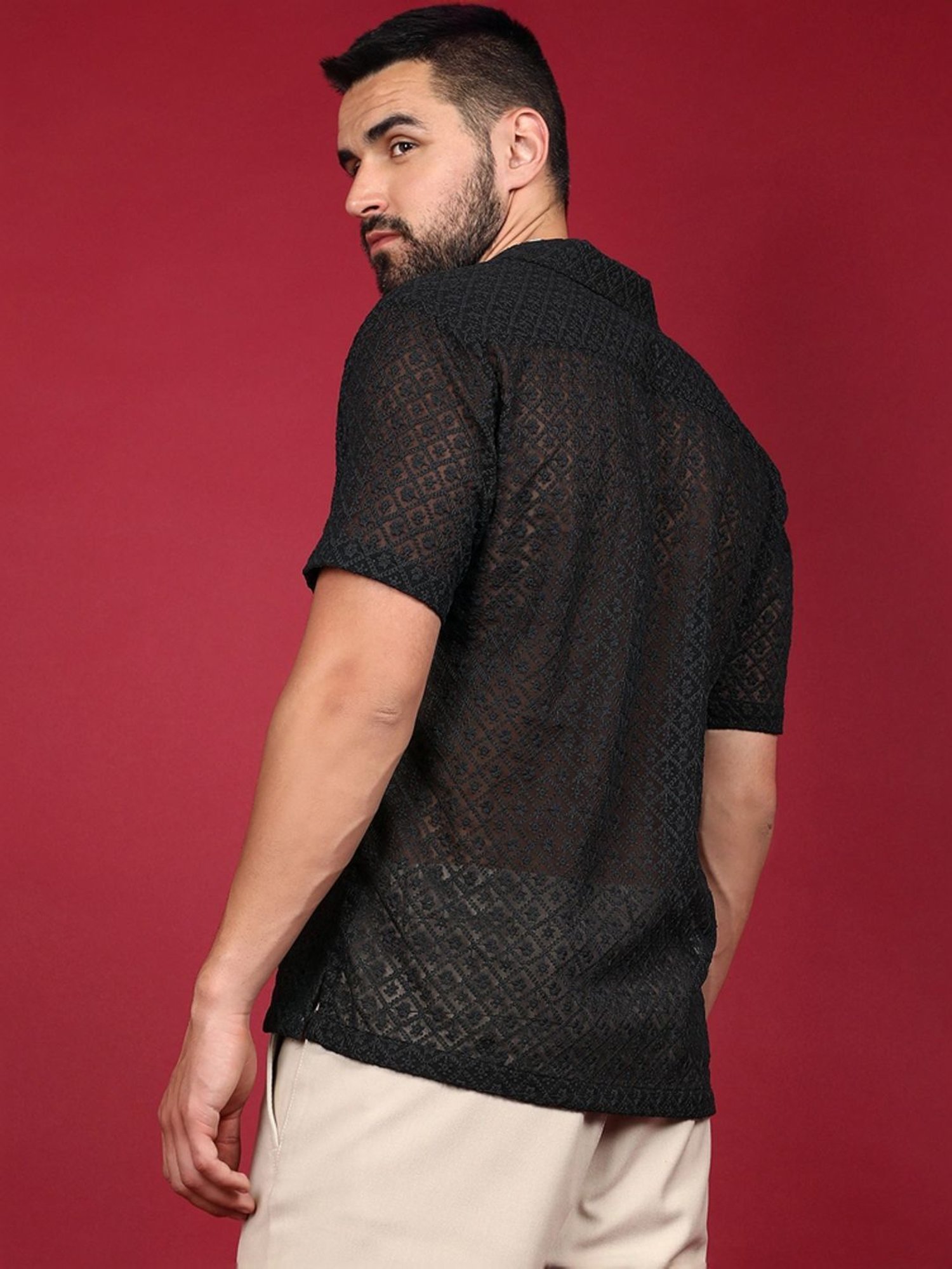 Campus Sutra Black Regular Fit Embroidered Shirt