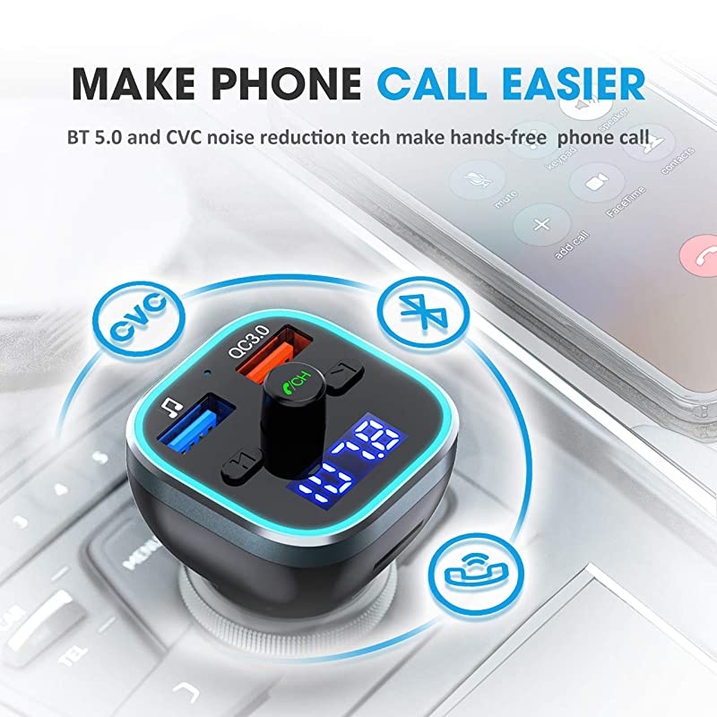 Bluetooth FM Transmitter for Car BT 50 QC30 Wireless Bluetooth FM Audio Adapter Music Player Car Kit with LED Backlit HandsFree Calling 2 USB Ports HiFi Music Support U DiskTF Card