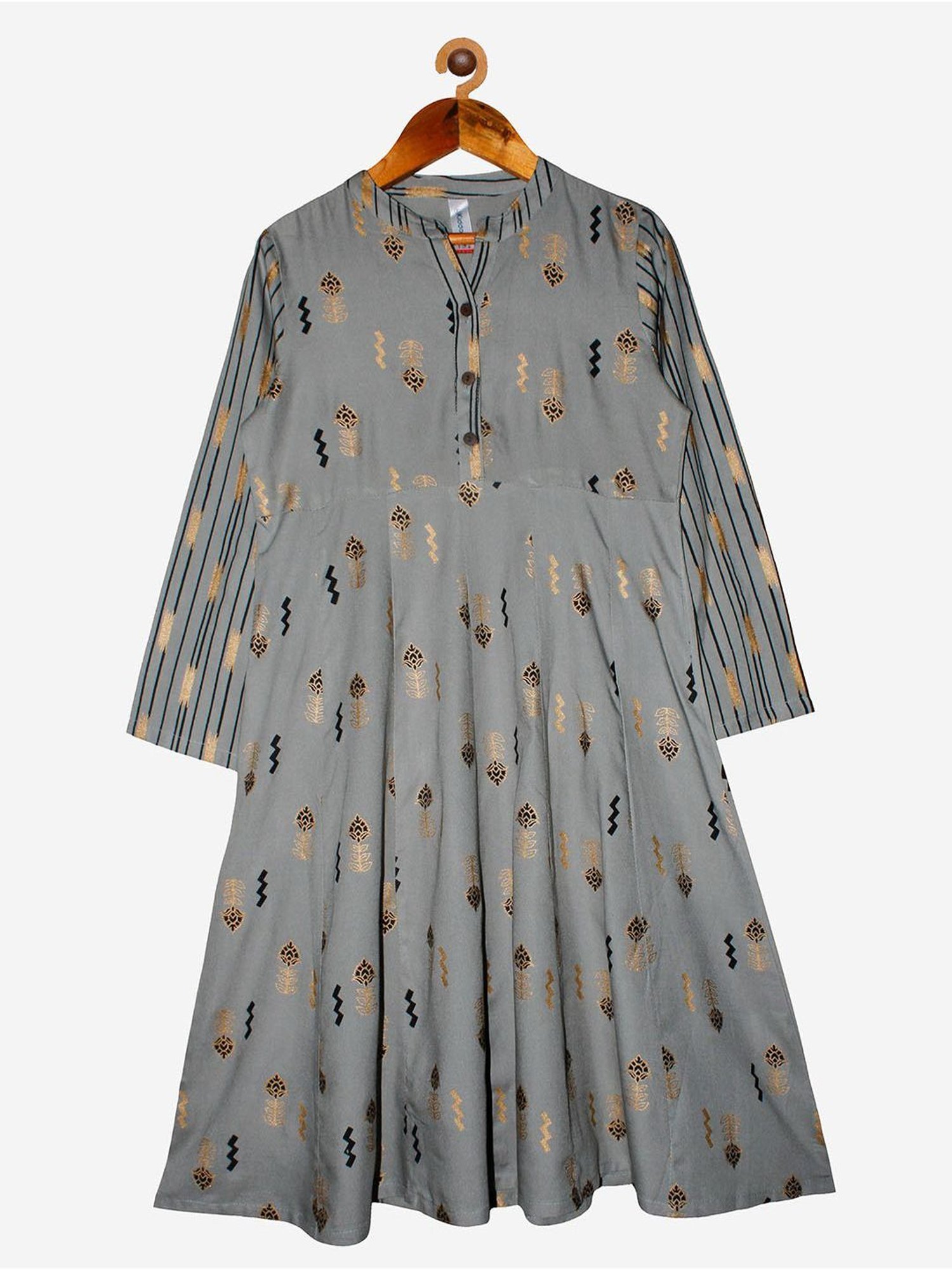 Kiddopanti Kids Grey Printed Full Sleeves Kurta