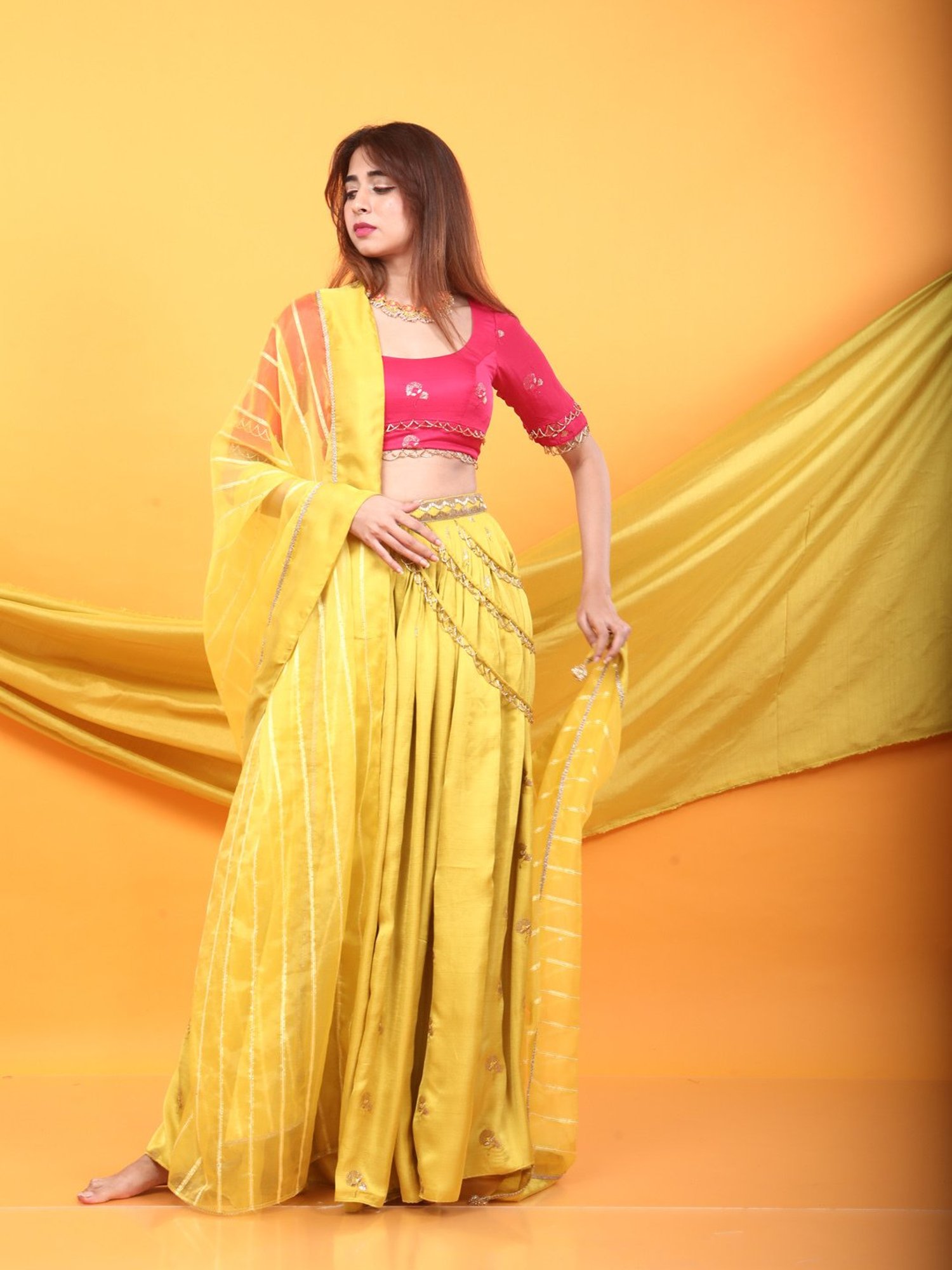 Monk & Mei Gulkari Lehenga and Blouse Set-Fuchsia Pink & Canary Yellow