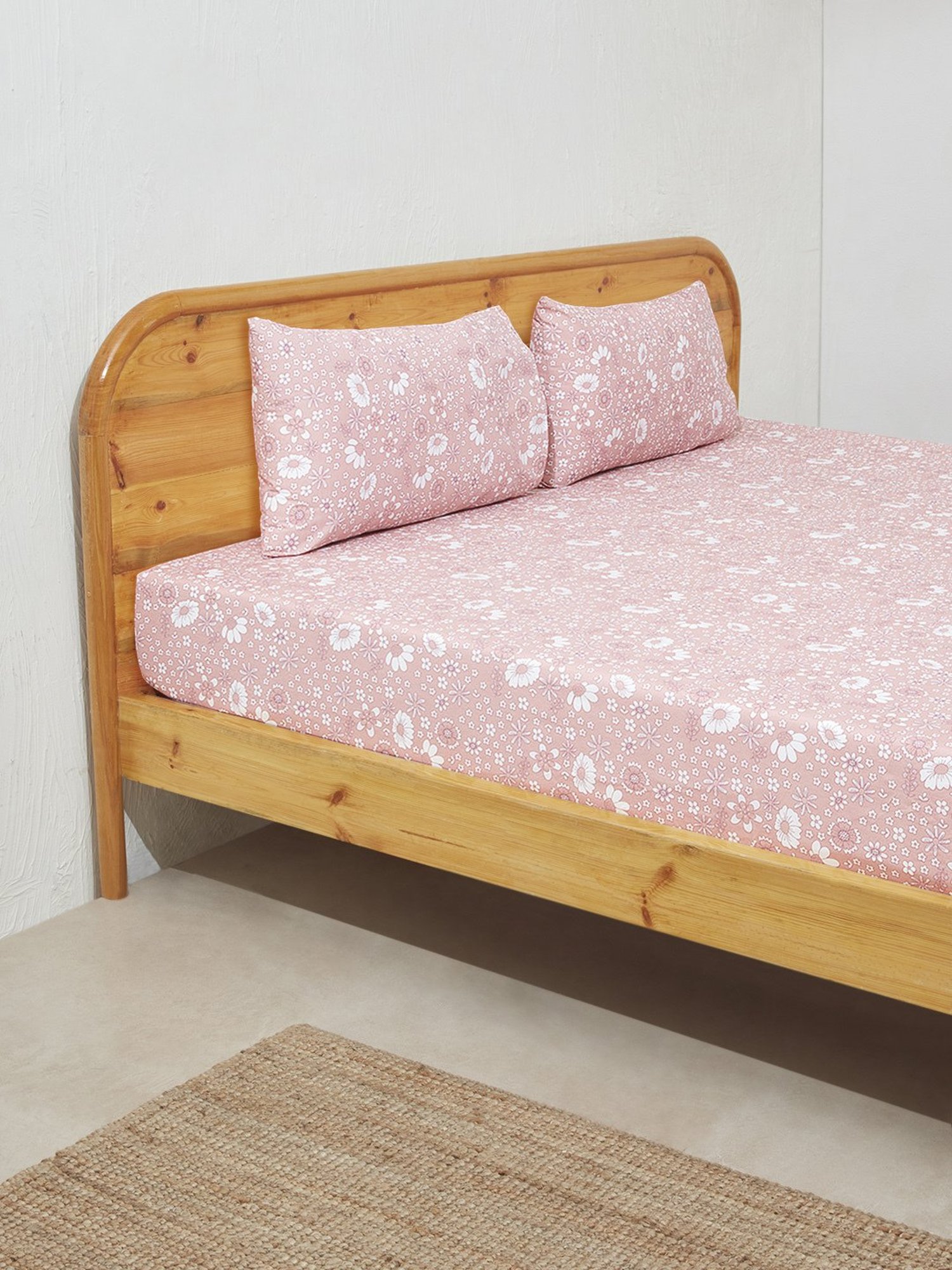 Westside Home Pink Floral Design Double Bed Fitted Sheet & Pillowcase