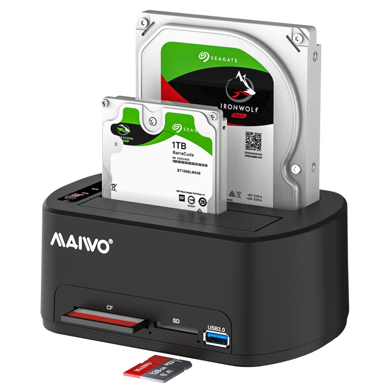 MAIWO Hard Drive Base Usb3.0 External Reading 3.5-Inch Dual Disk Duplicator Serial Mechanical Solid State Drive Box Hard Drive Duplicator With Cf&Sd Card Reader-K3062Cr