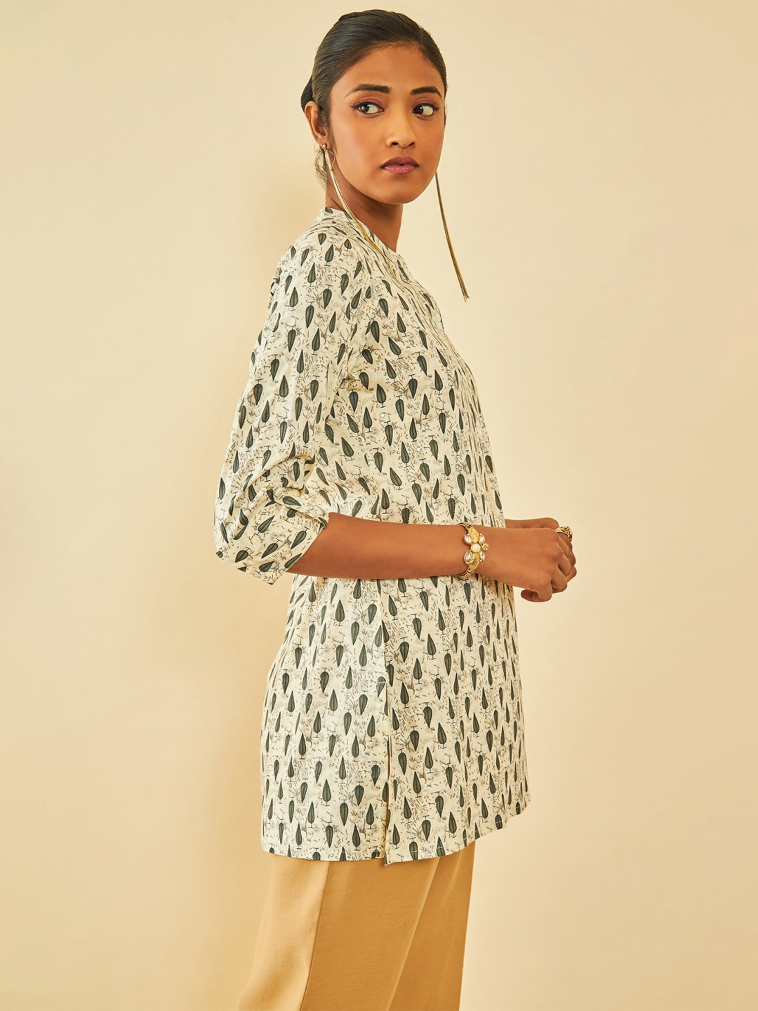 Soch Cream Rayon Botanical Printed Tunic With Tassels