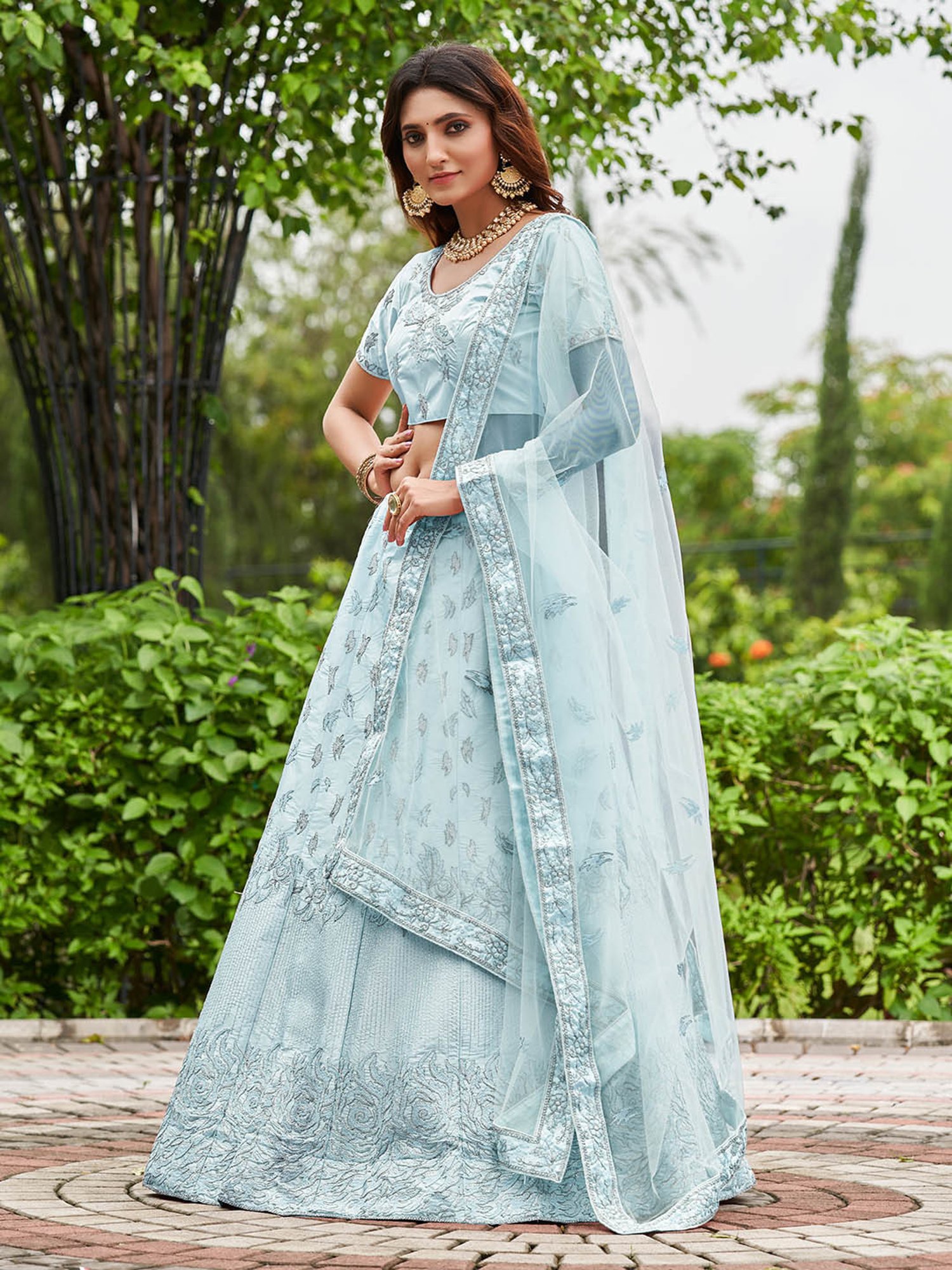 Warthy Ent Sky Blue Embroidered Lehenga Choli Set With Dupatta