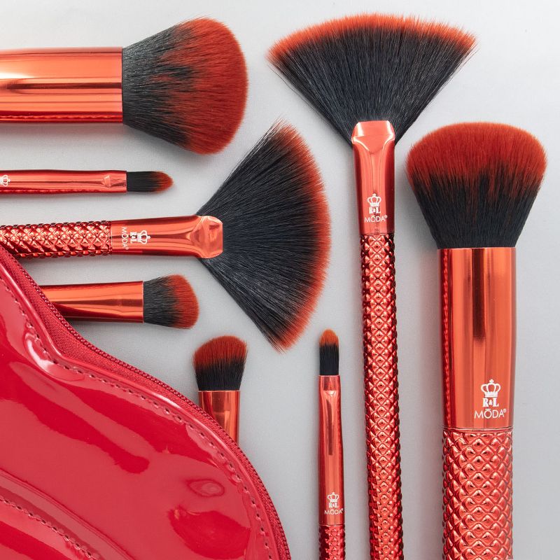 MODA Brush MWAH! 5pc Full Face Metallic Red Makeup Brush Set with Exclusive Lip Zip Case, Includes - Buffer, Highlight, Angle Shader, and Precision Lip Brushes