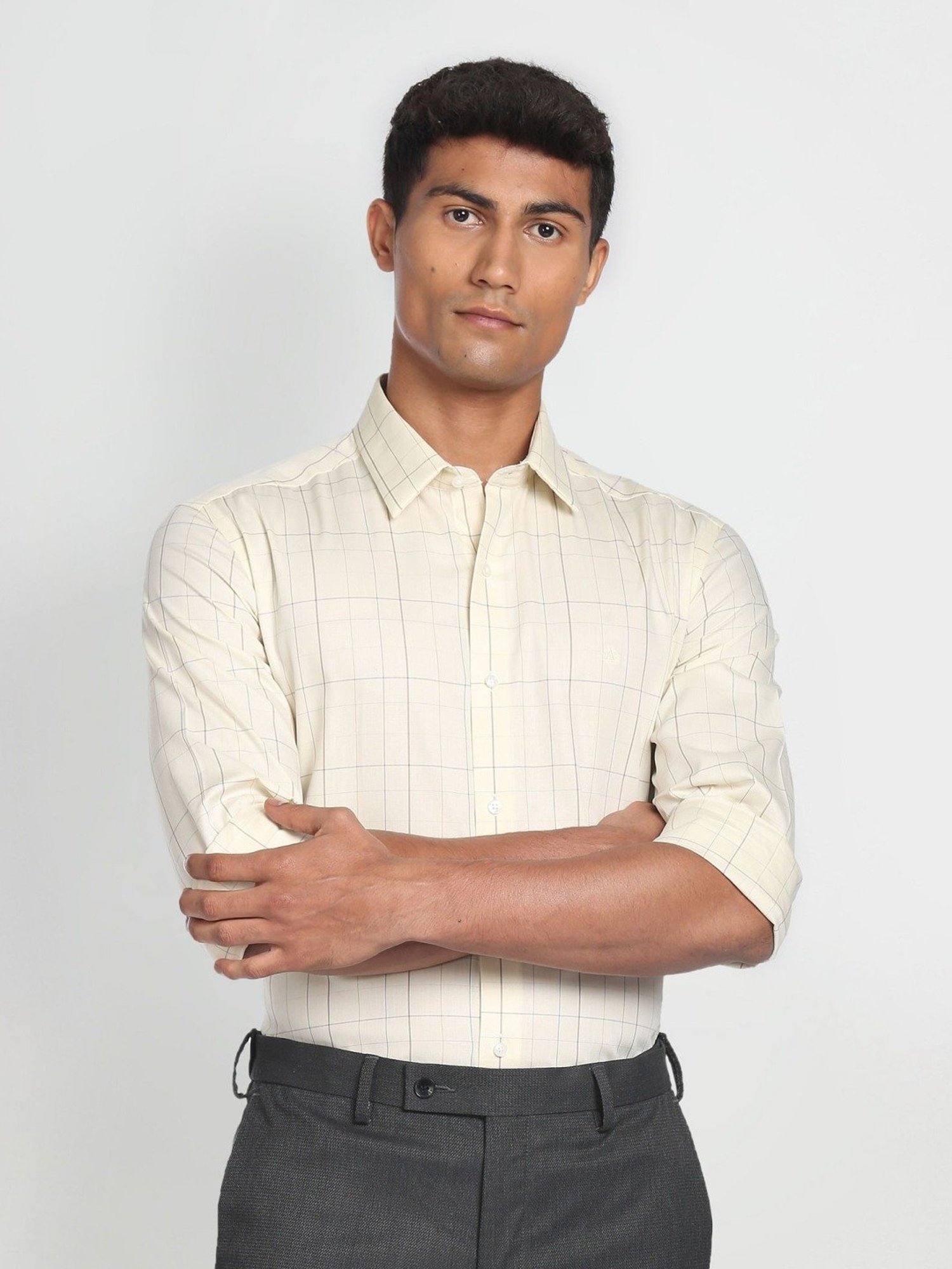 Arrow New York Light Yellow Cotton Slim Fit Checks Shirt