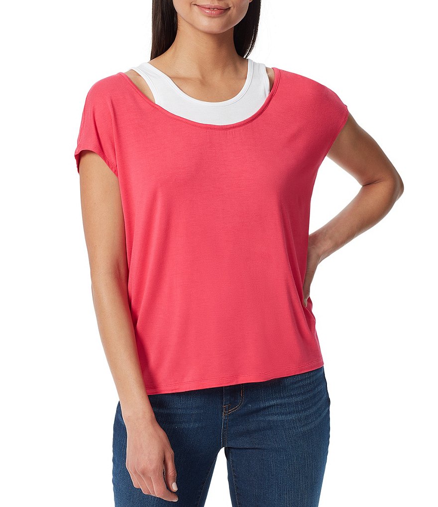 Anne Klein Sport Glenda Short Sleeve Scoop Neck Twofer Knit Top
