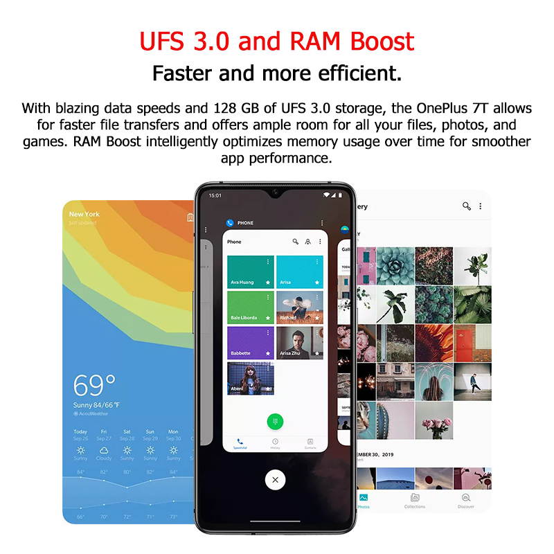 Original Global Version OnePlus 7T Fluid Display 6.55" AMOLED Screen 48MP Triple Cameras Dual-SIM 256GB/8GB Snapdragon 855+ 3800mAh Phone UFS 3.0 NFC Factory Unlocked