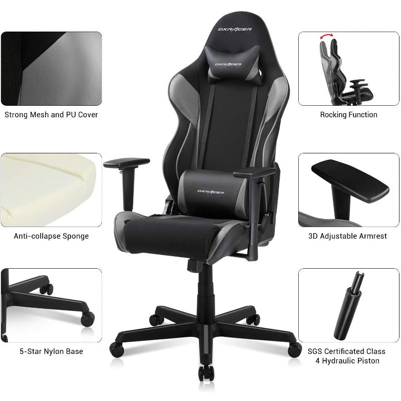 DXRacer OH/RAA106/NG Racing Series Adjustable Ergonomic Gaming Home Office Desk Chair, Swivel Base, Wheels, and Headrest, Gray and Black