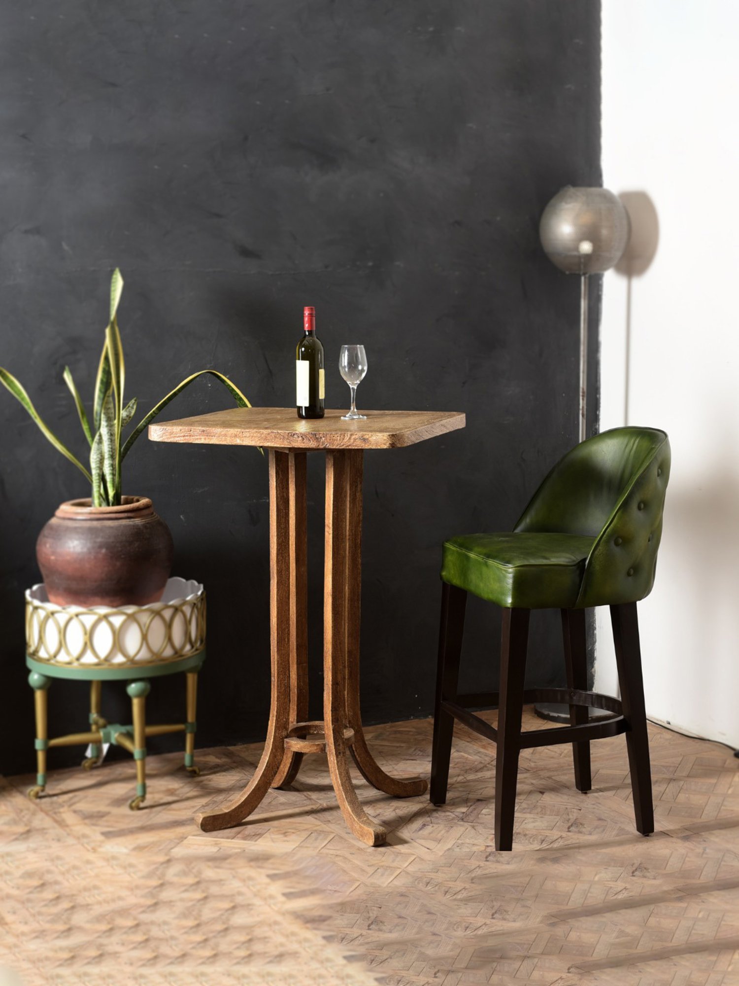 Artisans Rose English Pub Chesterfield Green Sheesham Wood & Leather Bar Chair