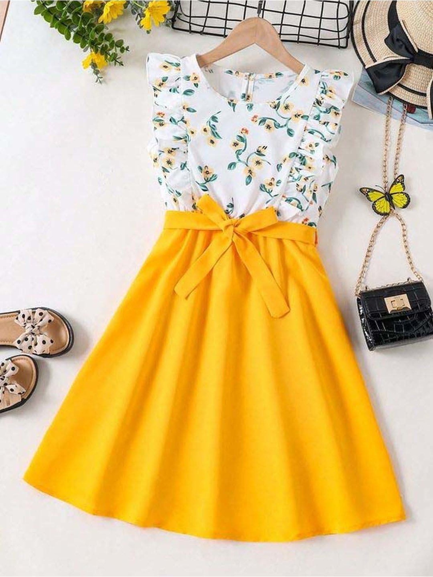 Bolly Lounge Girls Yellow & White Floral Dress