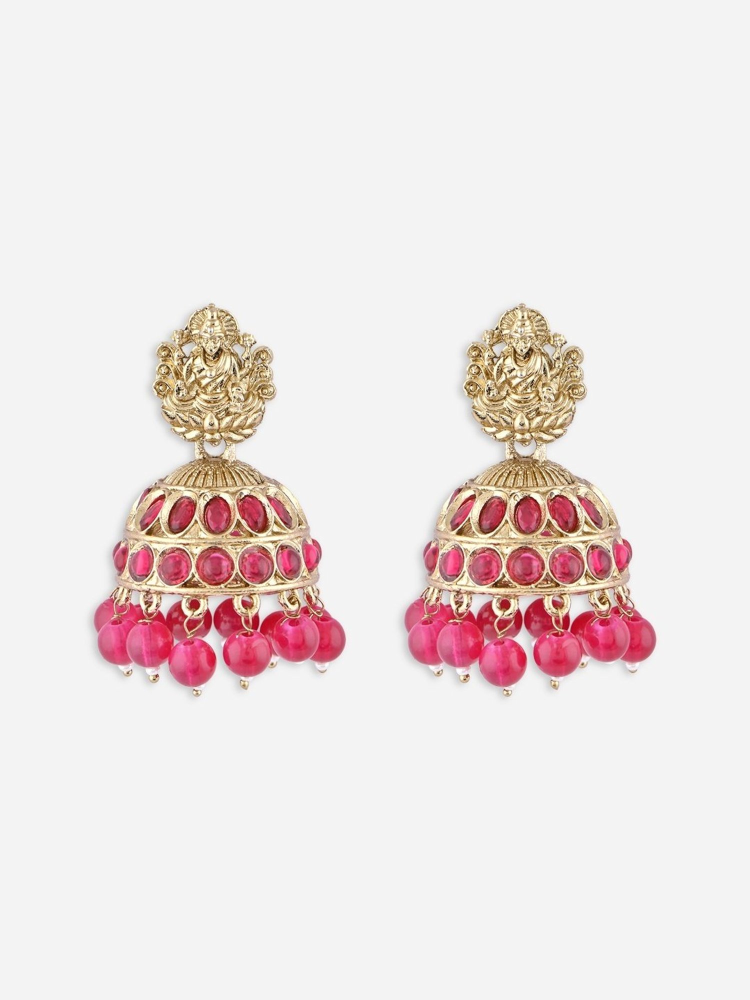 Fida Gold-Plated Lakshmi Embossed Fuchsia Temple Jhumki Earrings for Women & Girls