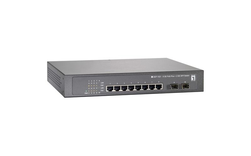 LevelOne 10-Port Gigabit PoE Switch, 802.3at PoE+, 2 x SFP, 8 PoE Outputs, 250W - 8 Ports - 2 Layer Supported - Modular - Twisted Pair, Optical Fiber