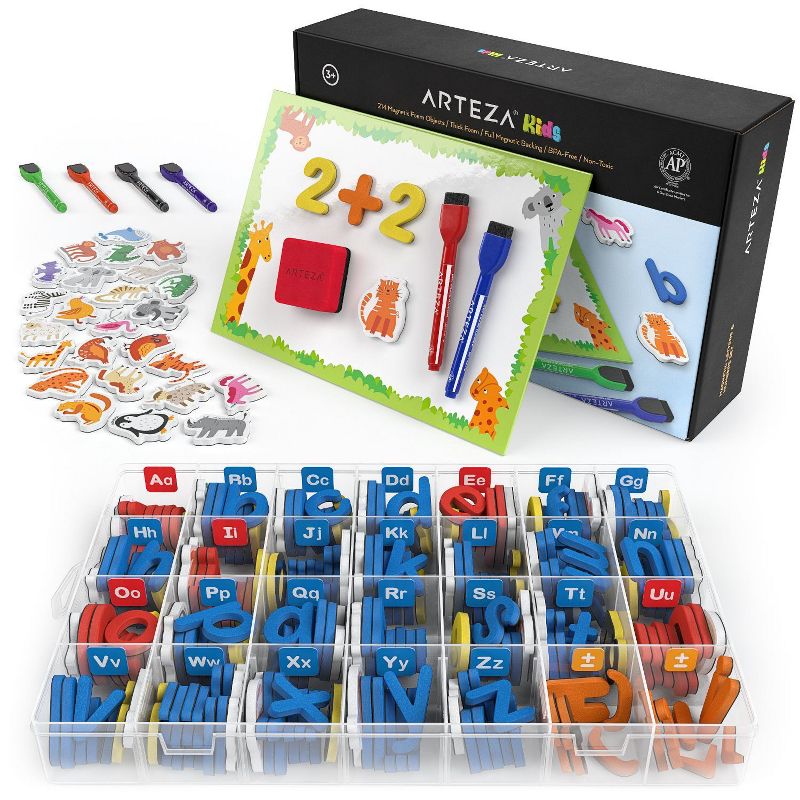 Arteza Kids Magnetic Letters & Numbers Set with White Board, 6 Markers & an Eraser - 214 Pack (ARTZ-2403)