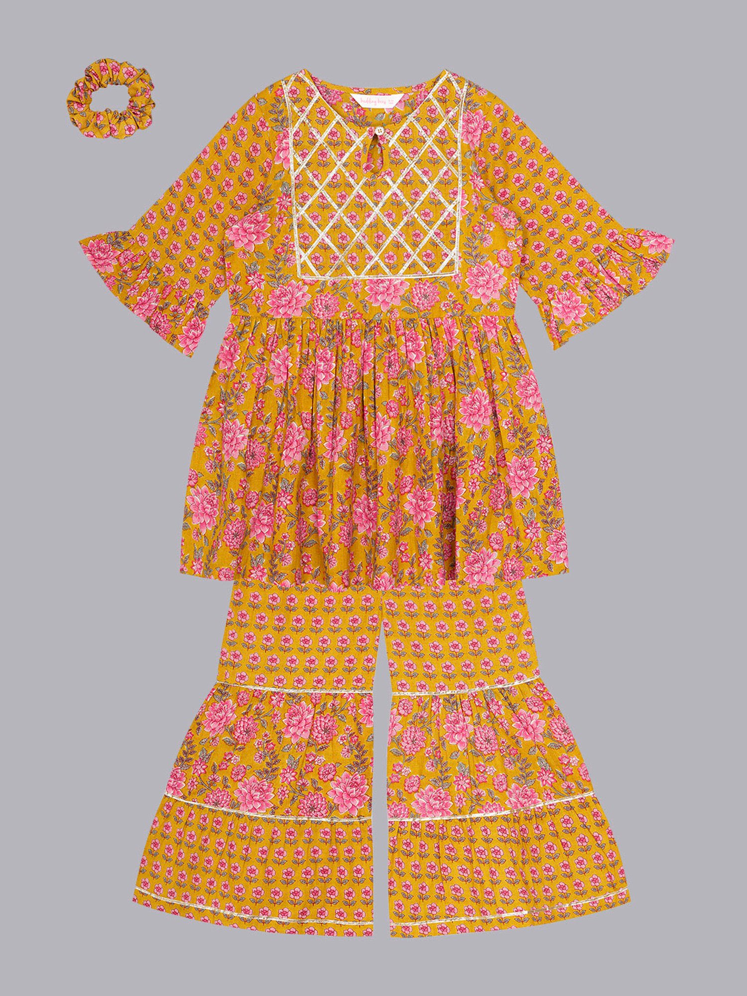 Budding Bees Girls Mustard & Pink Floral Print Top, Sharara & Scrunchies