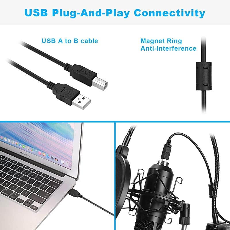 USB Microphone Kit,  192KHz/24Bit USB Condenser Studio Podcast Microphone with Scissor Arm Stand, Metal Shock Mount, Pop Filter, Mounting Clamp, Metal Tripod, Mic Windscreen & Cable