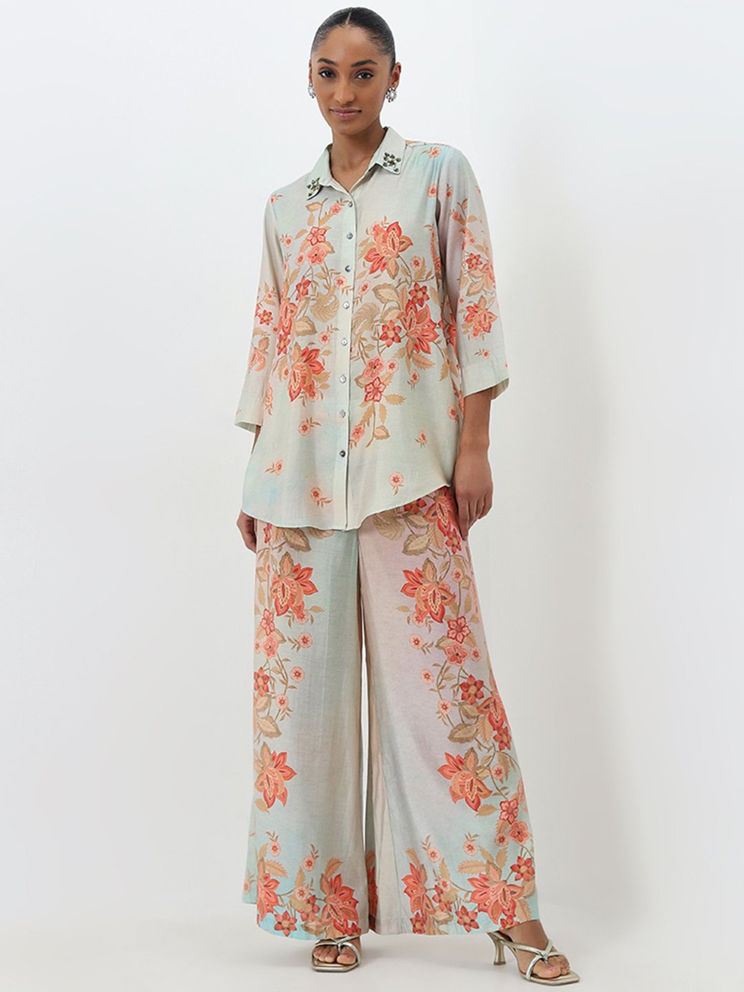 Vark by Westside Aqua Floral Embellished Tunic and Palazzos Set